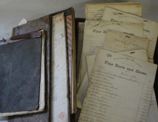 Lot of old paper articles including Blacksmith's : Lot of old paper articles including Blacksmith's Day Book 1848 Columbia County NY, various old receipts, unused checks from the National Hudson River Bank 1892, old ledgers, etc.