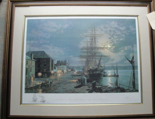 Large folio modern print of sailing vessel at port: Large folio modern print of sailing vessel at port entitled "Sydney" pencil signed John Stobart 390/950/