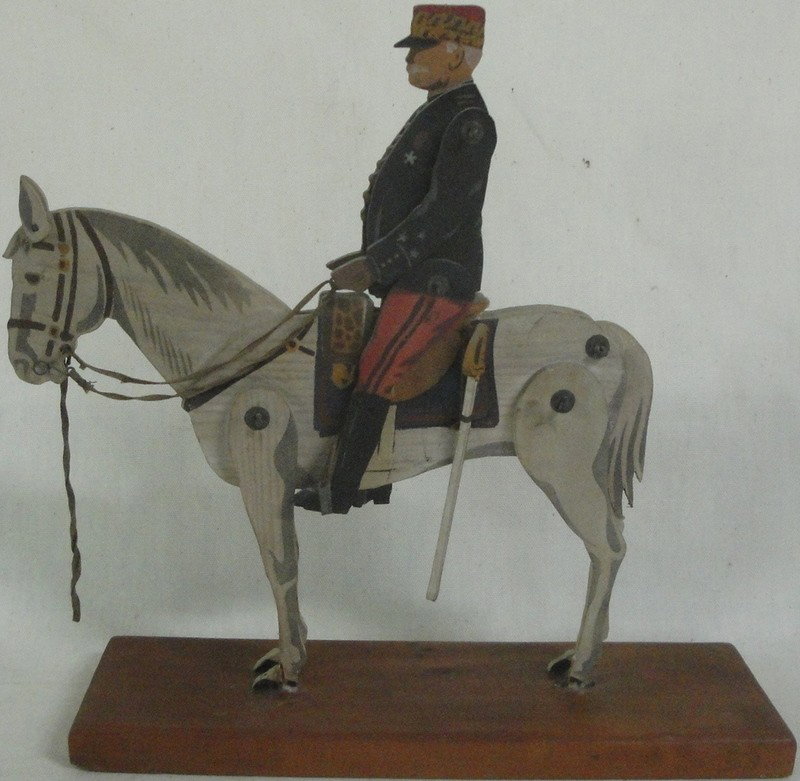 Mechanical wooden handpainted horse on rider toy -: Mechanical wooden handpainted horse on rider toy - French officer in original paint - minor losses to horse's hoofs