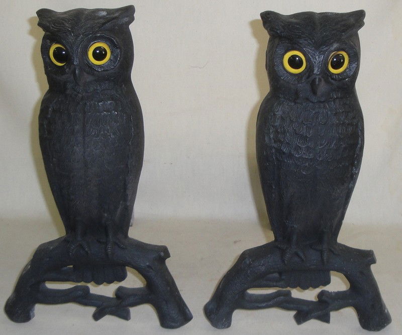 Pair of cast iron owl andirons with glass eyes - 1: Pair of cast iron owl andirons with glass eyes - 15.5" height