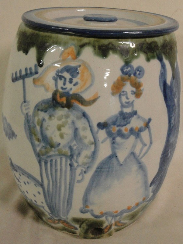 Stoneware water cooler decorated with farmer, wife: Stoneware water cooler decorated with farmer, wife and pig signed M.A. Hadley