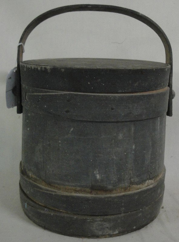 Lot of country items inc. firkin in old green pain: Lot of country items inc. firkin in old green paint, two wooden bootjacks, two cast iron floral bookends, early hand wrought food chopper, hook and small basket