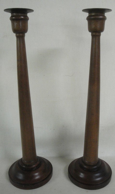 Two large wooden candlesticks with copper inserts : Two large wooden candlesticks with copper inserts - 18.5" height