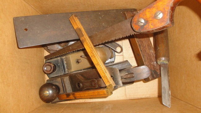 Lot of misc. tools inc. two iron planes, a square,: Lot of misc. tools inc. two iron planes, a square, folding box rule, two curved crescent wrenches, handmade knife, etc.