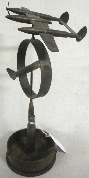 Trench Art brass ashtray with two attached WW II a: Trench Art brass ashtray with two attached WW II airplanes