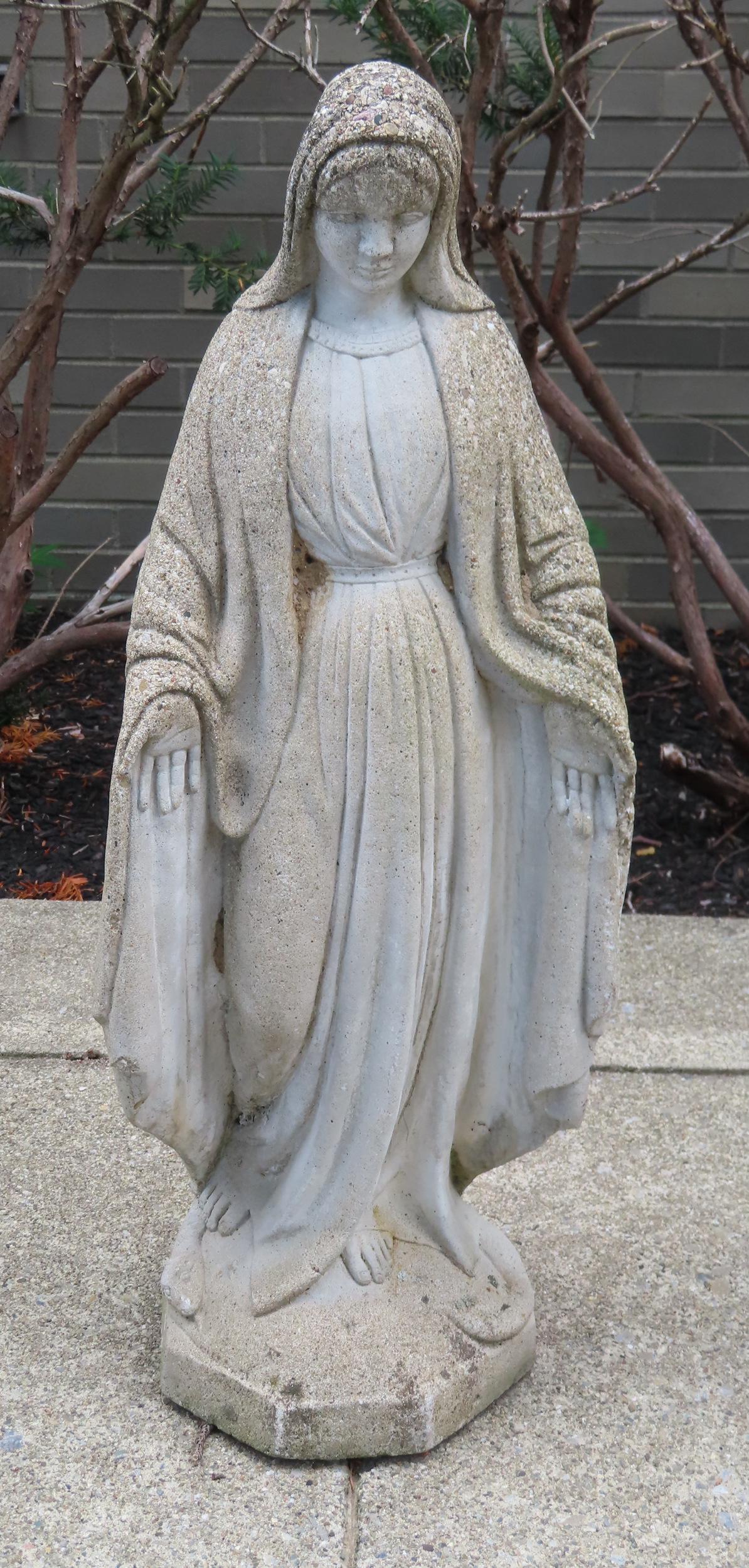 A concrete garden ornament in the form of the Virgin Mary - 35"H x 13"W - circa 1950-70. Very good (1 of 5)