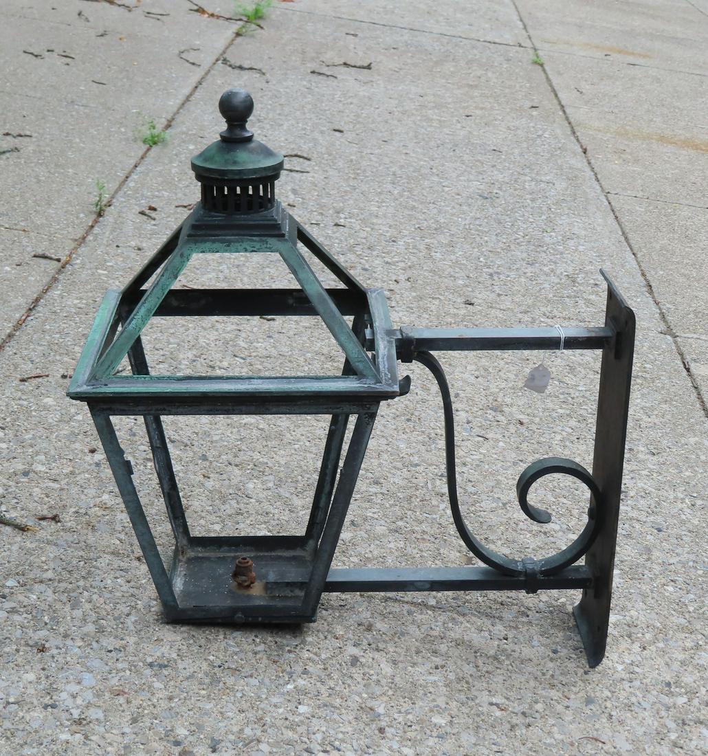 A patinated brass exterior lighting fixture, late 19th century - possibly a gas light, missing (1 of 5)
