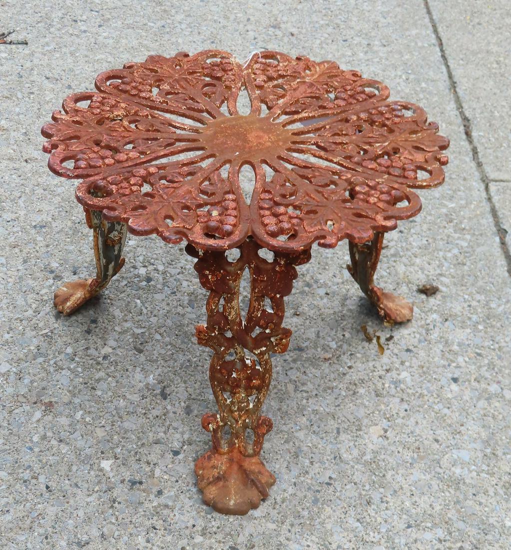 Cast iron patio end table in traditional grape pattern, quality casting from early to mid 20th (1 of 4)
