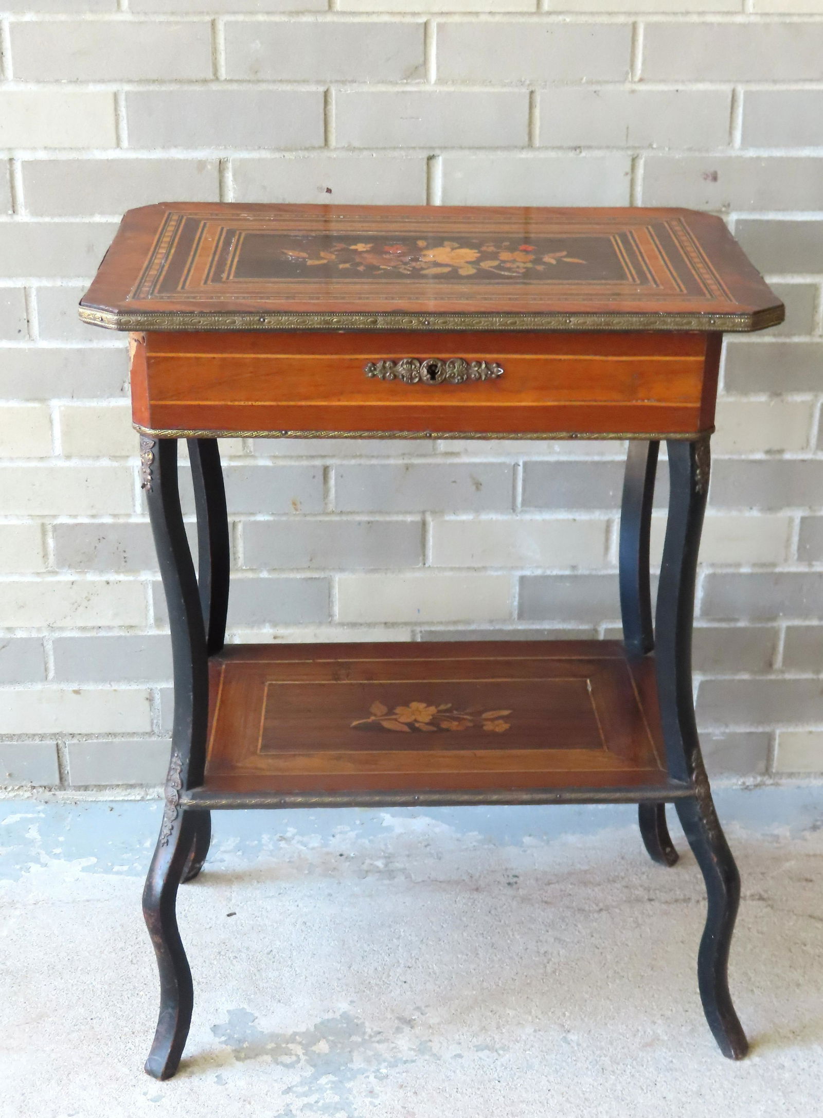 A Victorian mahogany sewing stand with marquetry inlay on lift top, fitted interior, brass banding (1 of 6)