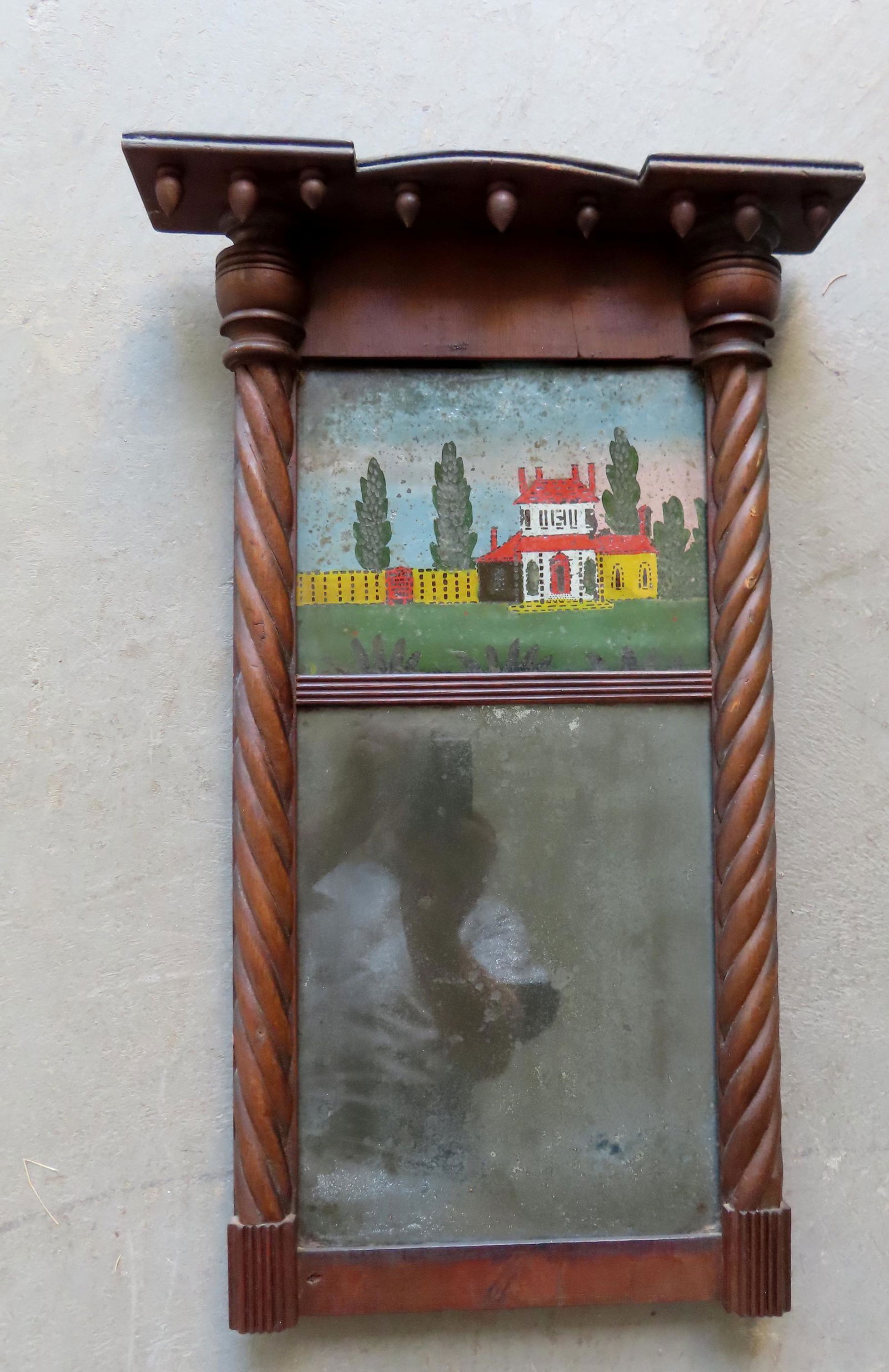 A Sheraton double panel wall mirror with reverse painting of farmhouse in upper panel, circa 1830, (1 of 3)