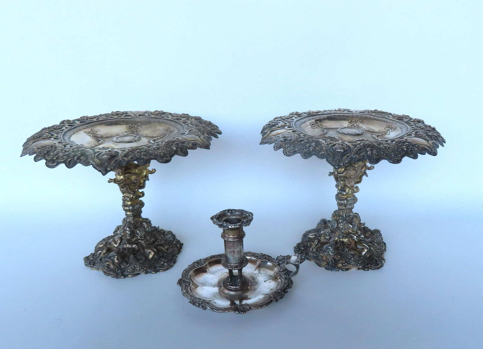Three silver decorative objects including a pair of fancy  repousse silver over copper fancy (1 of 10)