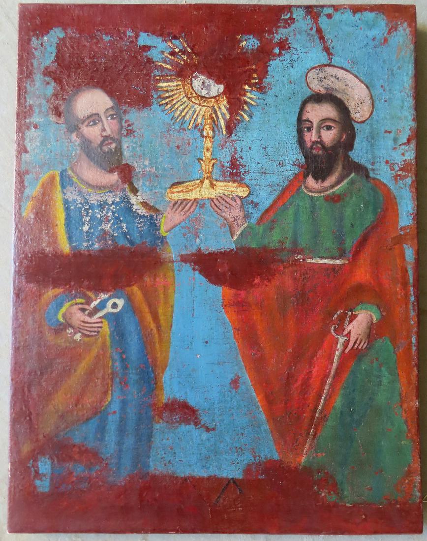 O/C religious scene with 2 apostles holding the Holy Eucharist, 18th century or earlier. Extensive (1 of 3)