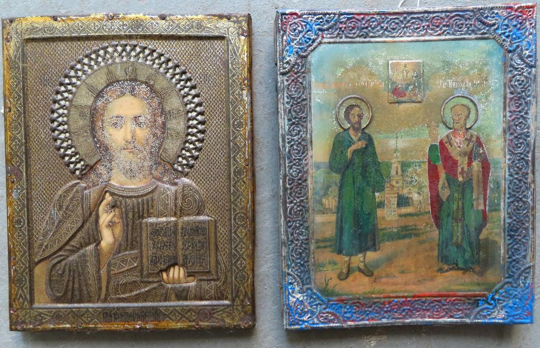 Two Greek Orthodox icons on hand painted tin panels applied to fabric covered wooden panel, one a (1 of 6)