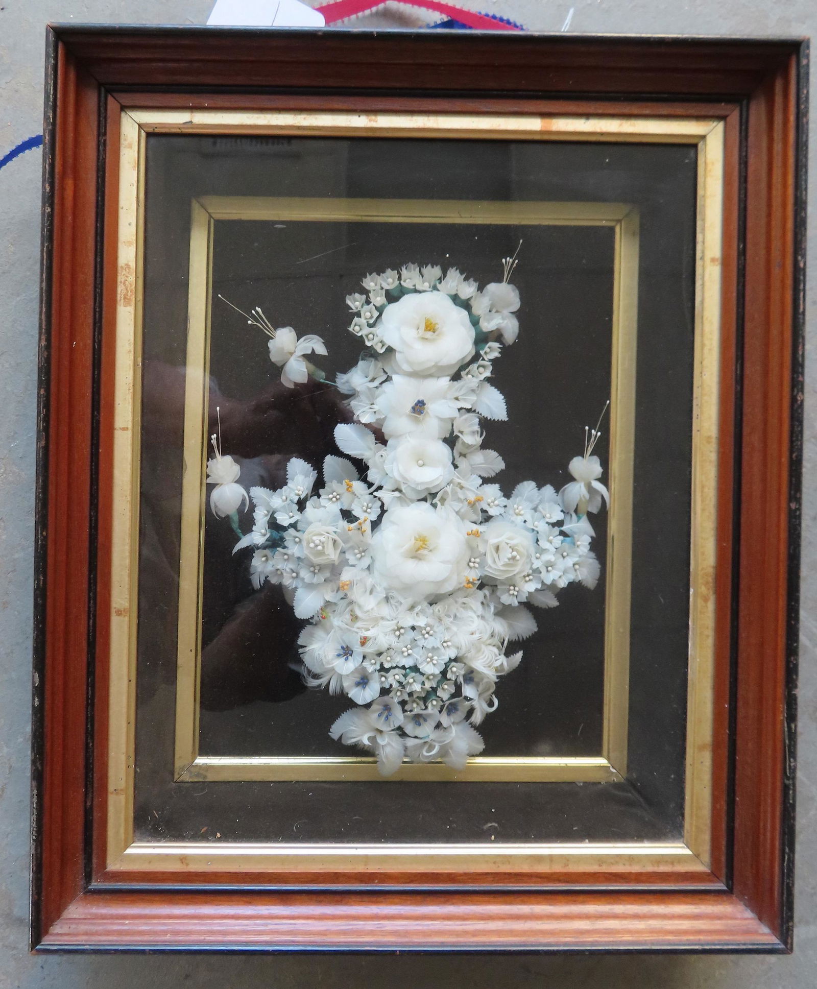 Victorian feather art depicting a grouping of flowers, all constructed of various bird feathers, (1 of 4)