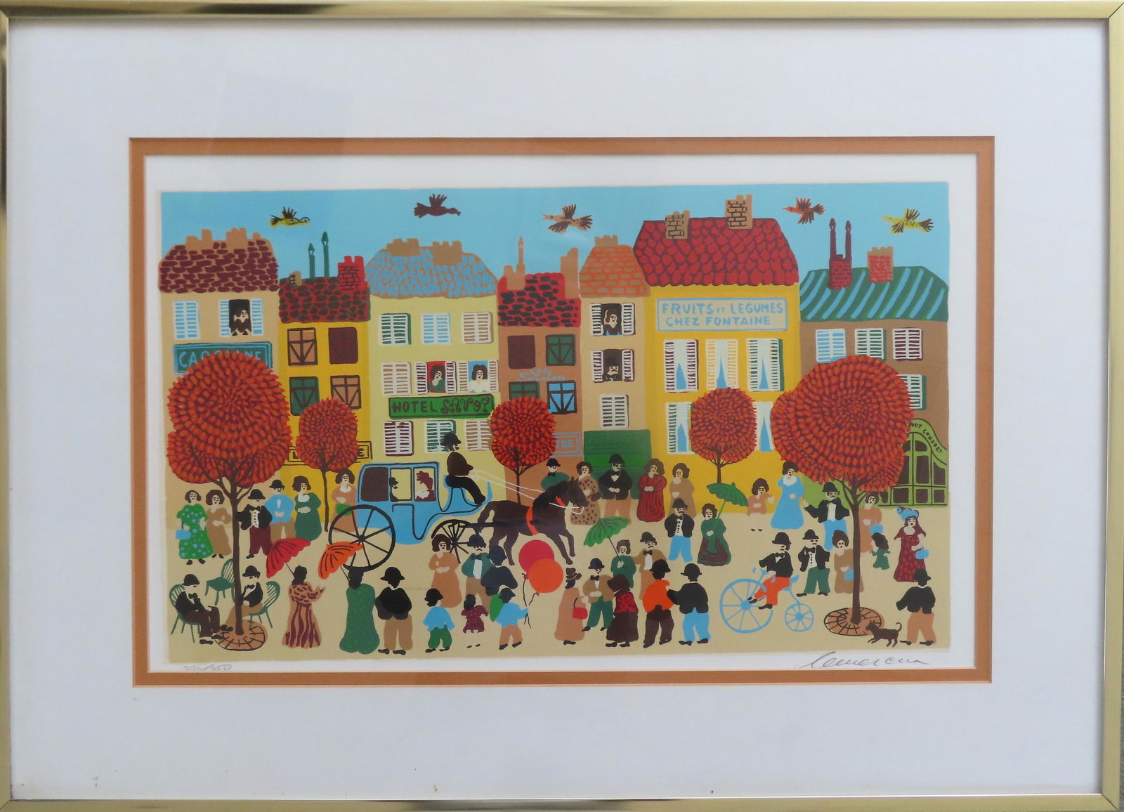 French lithograph of a street scene with buildings and people, pencil signed illegibly - 273/350. (1 of 5)