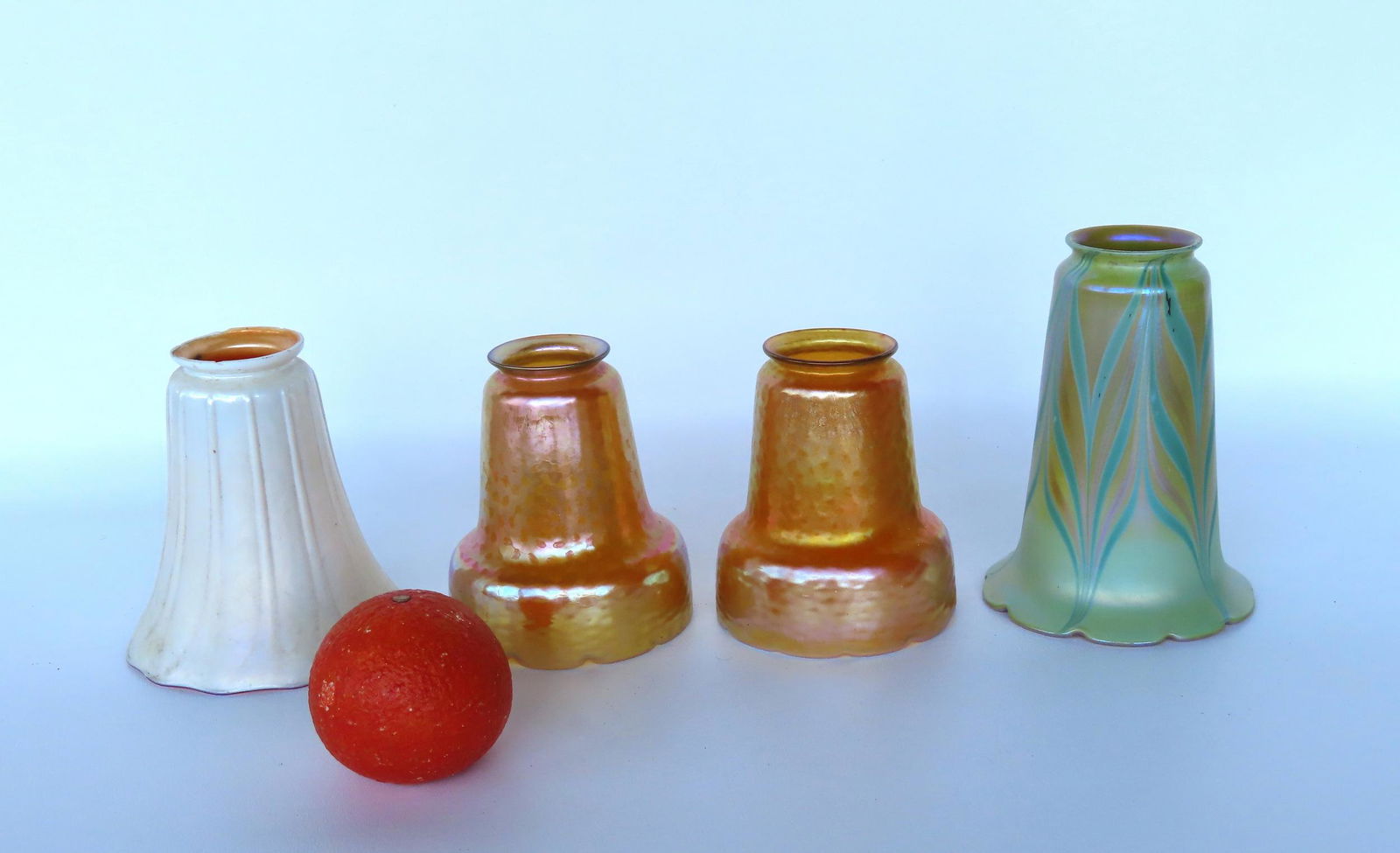 Grouping of 4 good Art Glass lamp shades including: Two gold iridescent signed Quezal - both in (1 of 12)