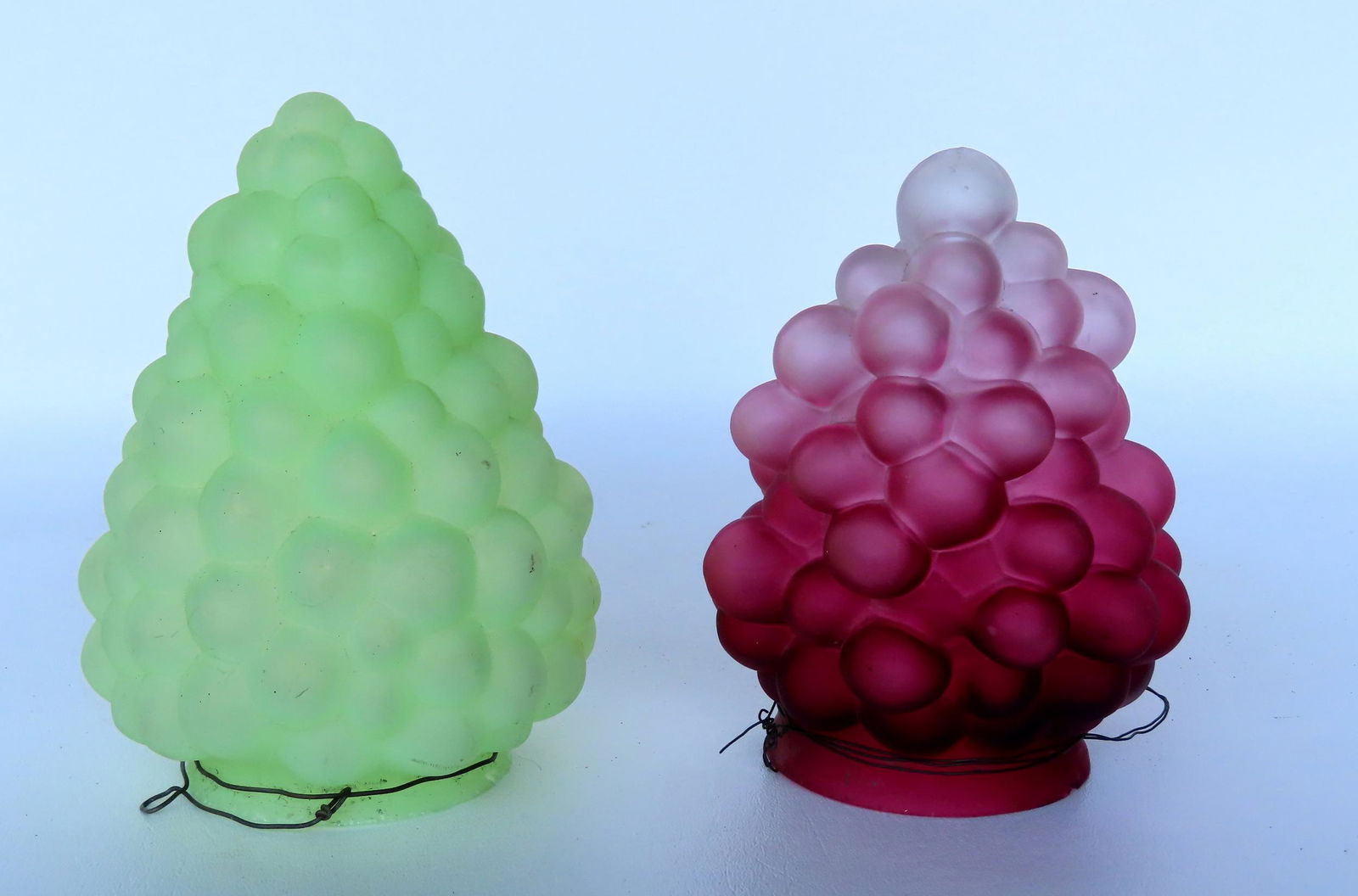 Two vintage glass lighting shades in the form of grapes, one green the other purple - each 3" (1 of 6)