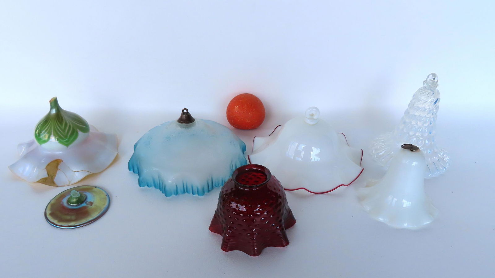 Grouping of Victorian shades, smoke bells, and Tiffany compote (damaged). Includes 4 smoke bells - (1 of 12)