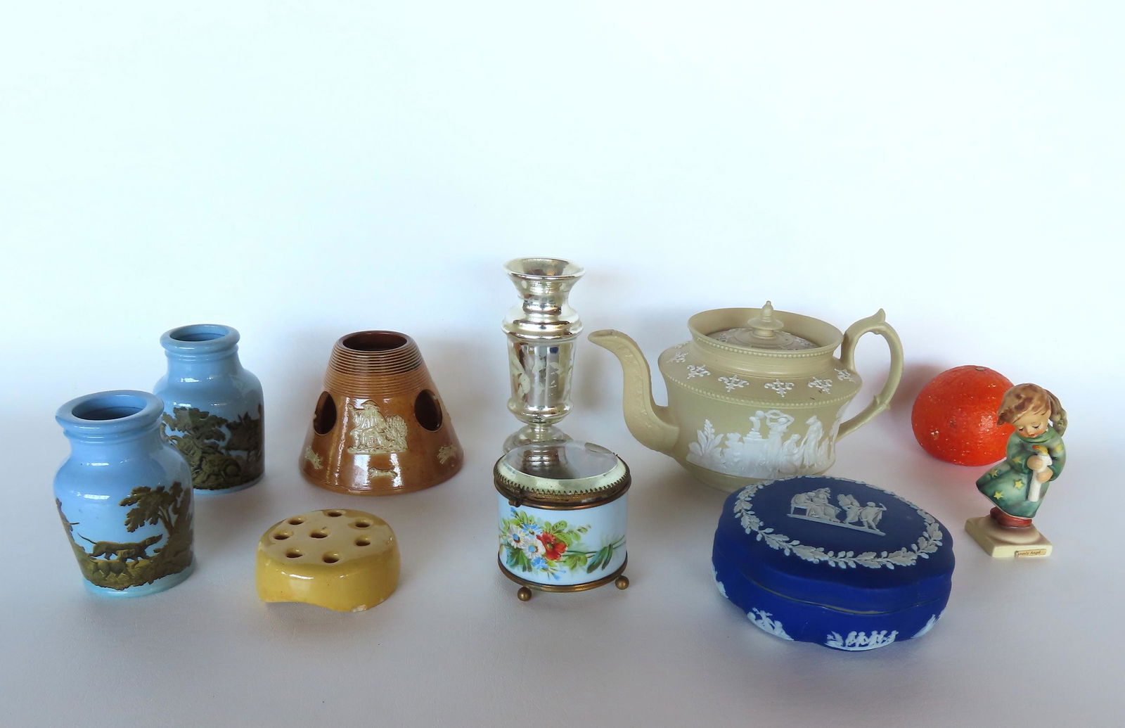 A grouping of miscellaneous glassware and porcelains including 2 Prattware jars, salt glazed (1 of 11)