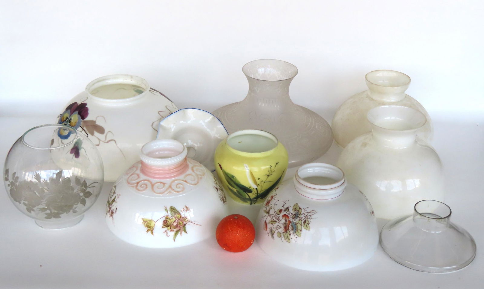 A grouping of mostly Victorian era glass shades including an etched classical Astro lamp shade with (1 of 9)