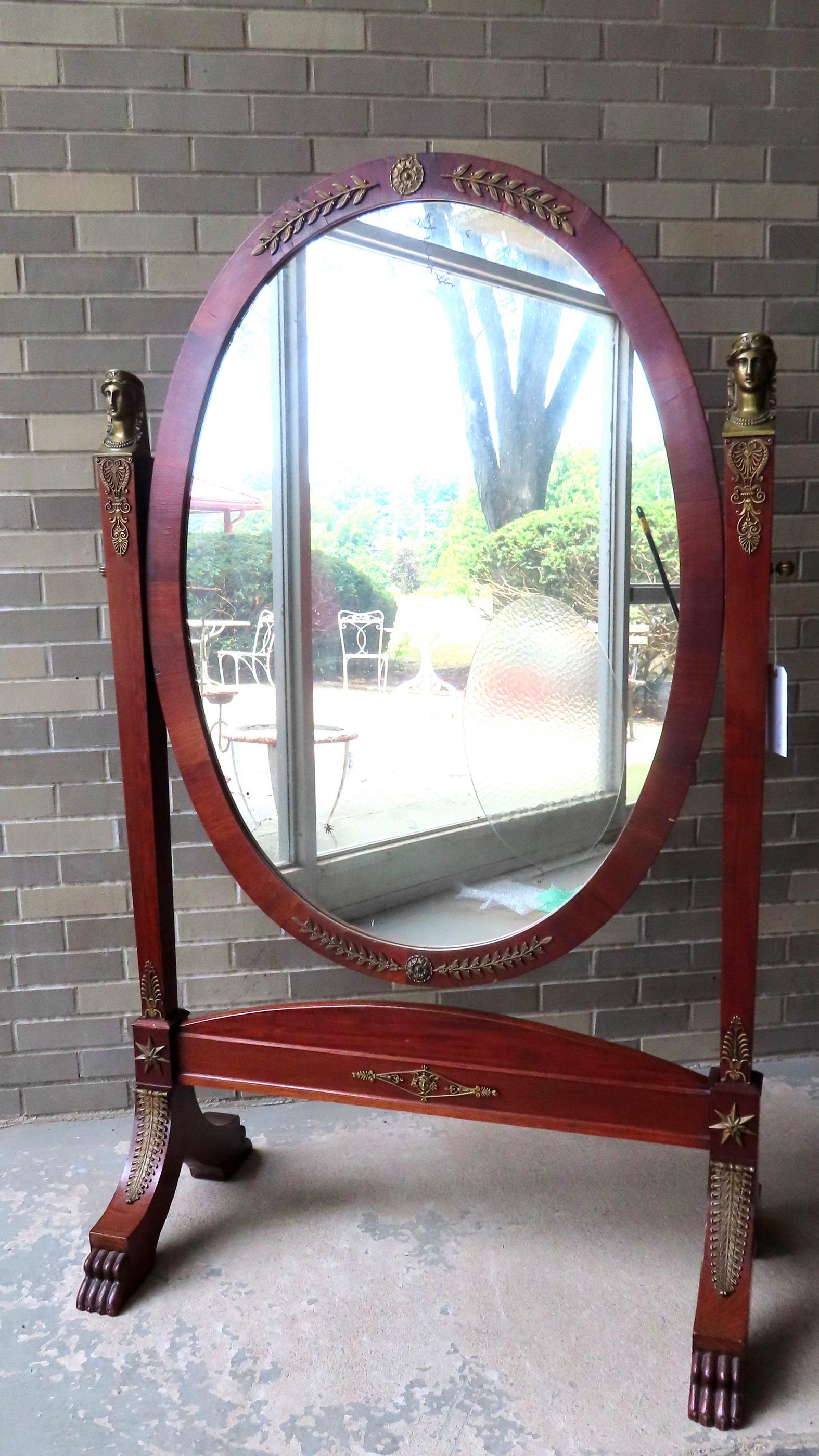 Classical French Empire chevelle mirror with applied ormolu and with figural lady finials flanking (1 of 12)