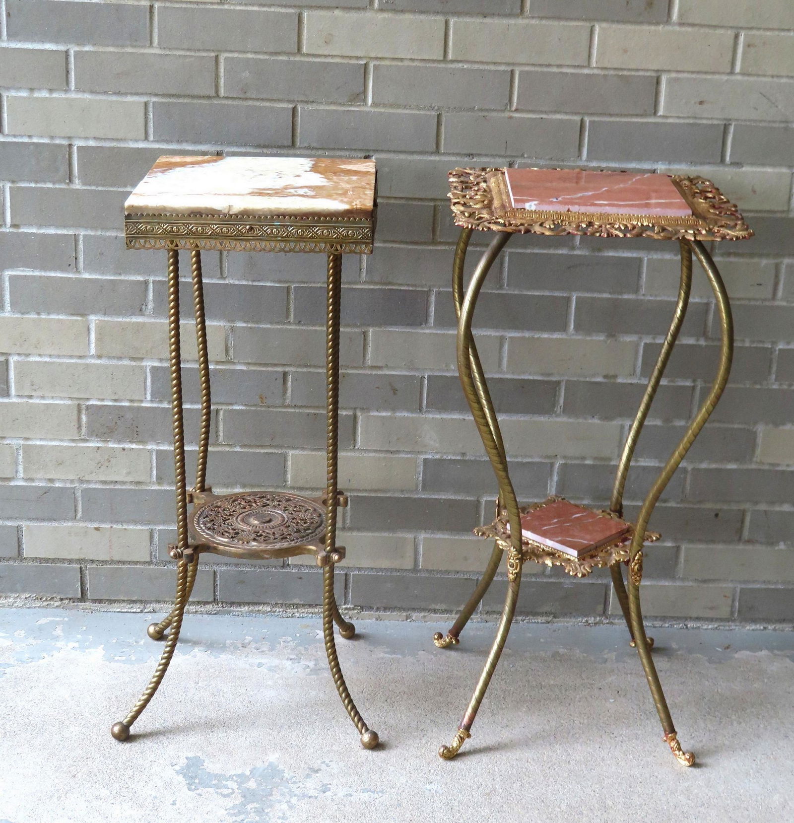 Two fancy 2 tier brass plant stands with marble inserts. Both in good condition, late 19th century. (1 of 5)