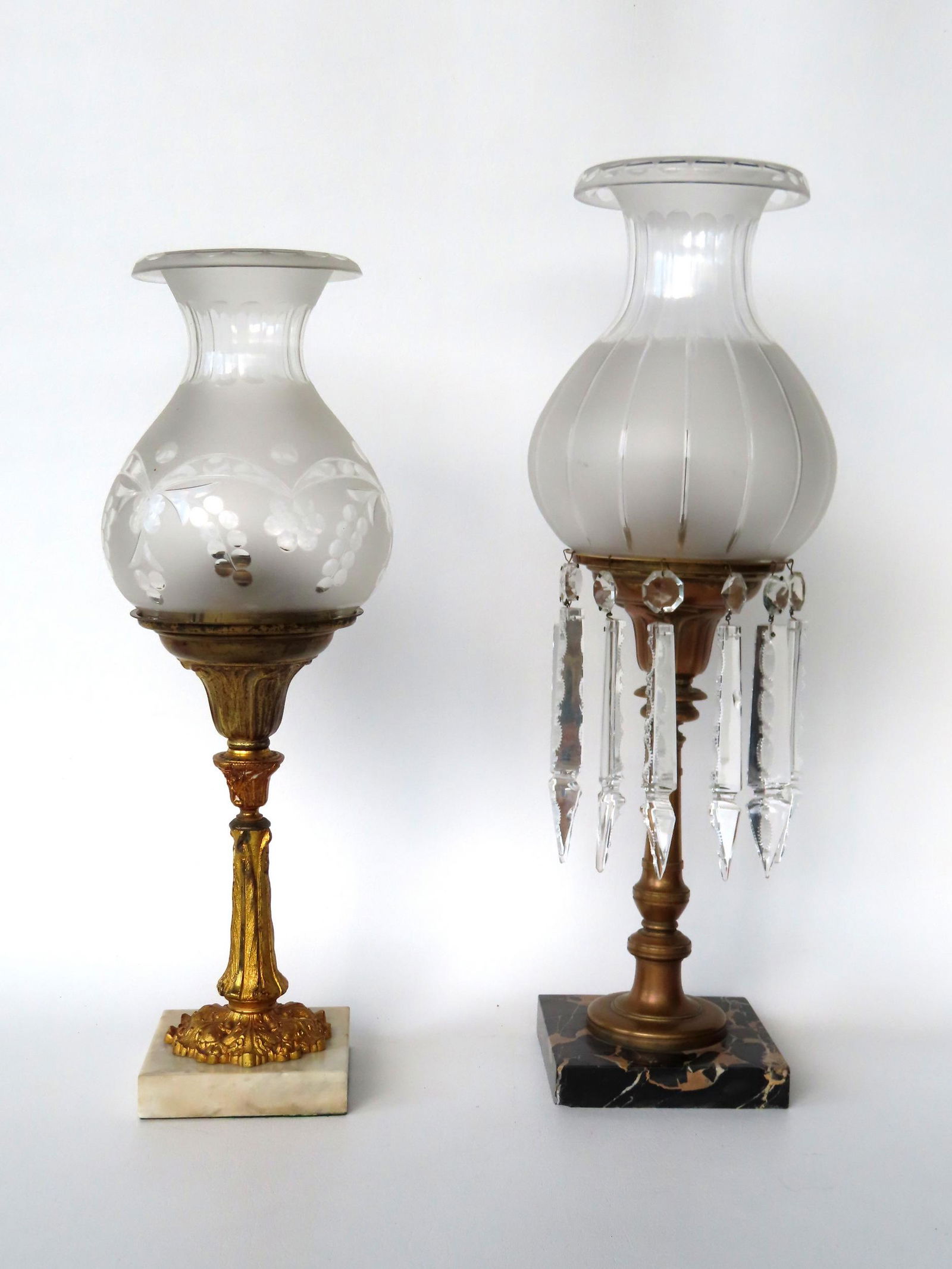 Two classical Astral table lamps with etched shades and marble bases including one with hanging (1 of 12)