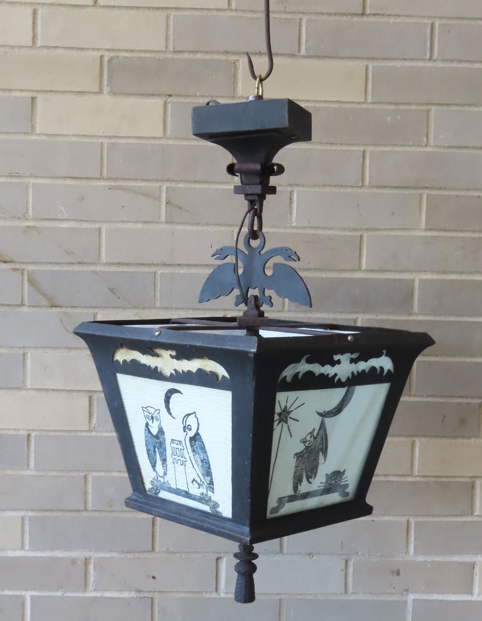 A metal hanging hall light with 4 reverse painted glass panels (colorless glass), hand painted with (1 of 8)