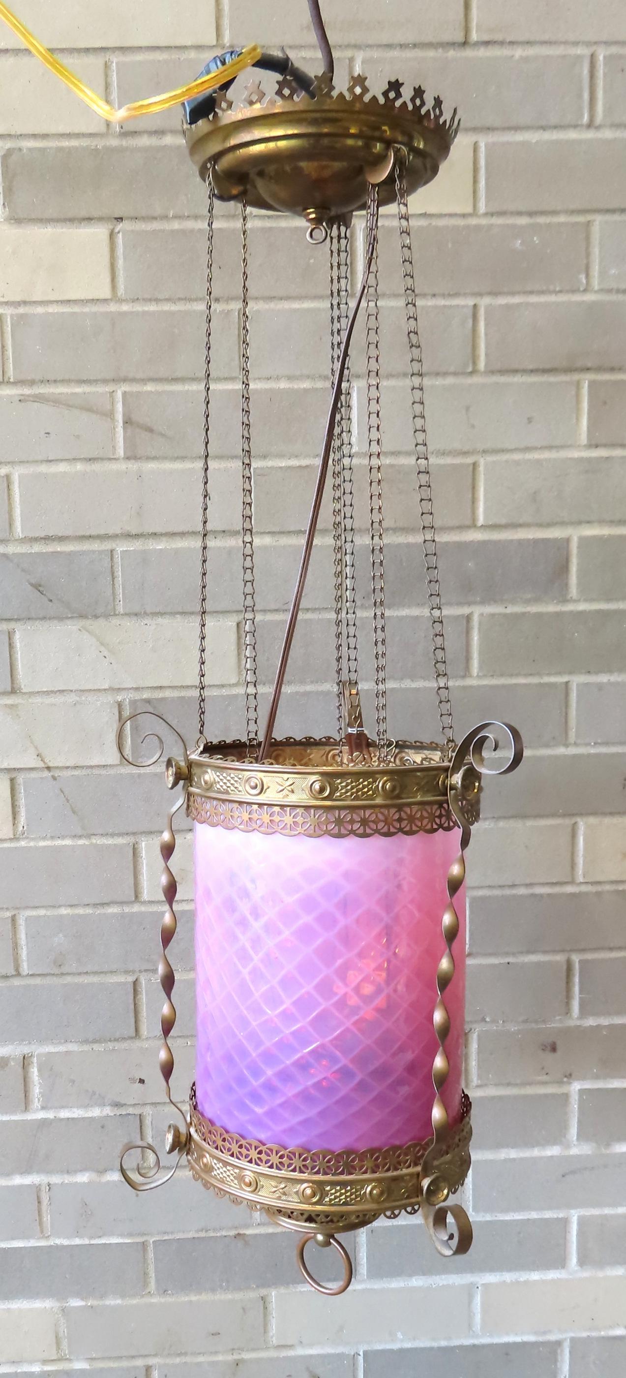 A Victorian hanging ceiling fixture, 19th c., pink/red opalescent shade. (1 of 9)