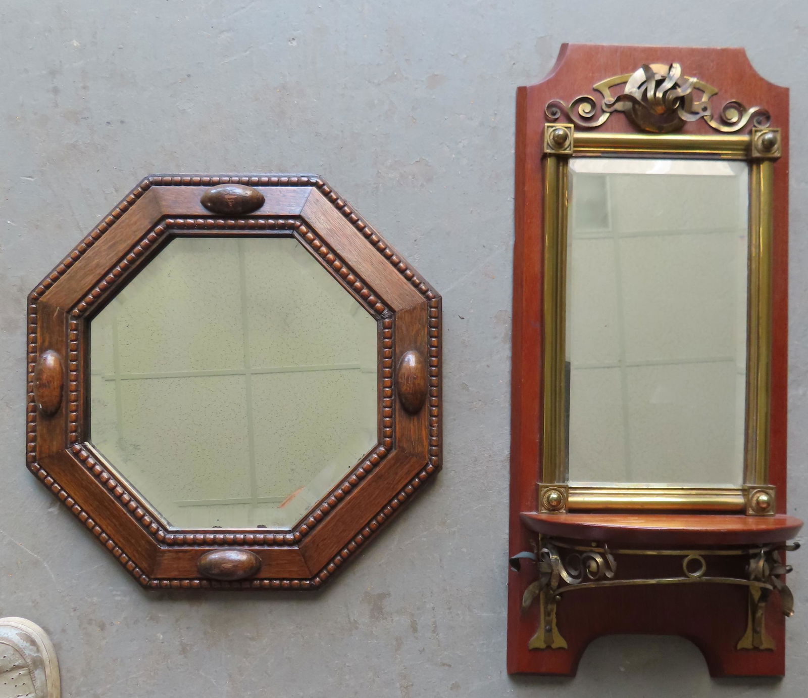 Two fancy oak mirrors. !)  Octagonal shaped beveled glass mirror - 16 1/2" diameter; 2) A shaped (1 of 4)