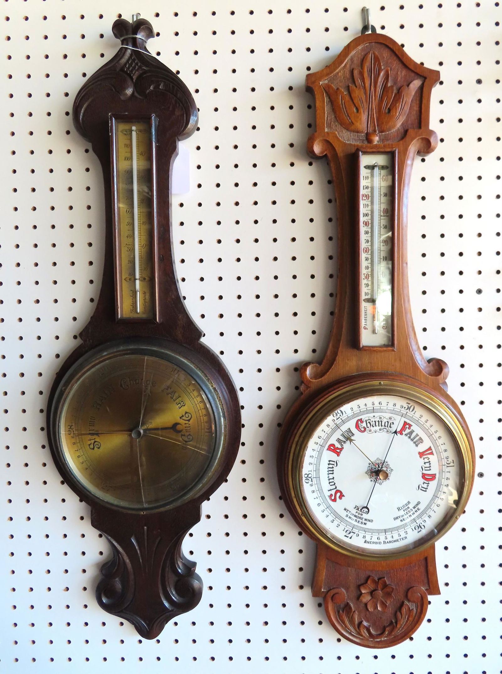 Two English wall barometers. The first, oak with carved frame and enameled dials in color, circa (1 of 12)