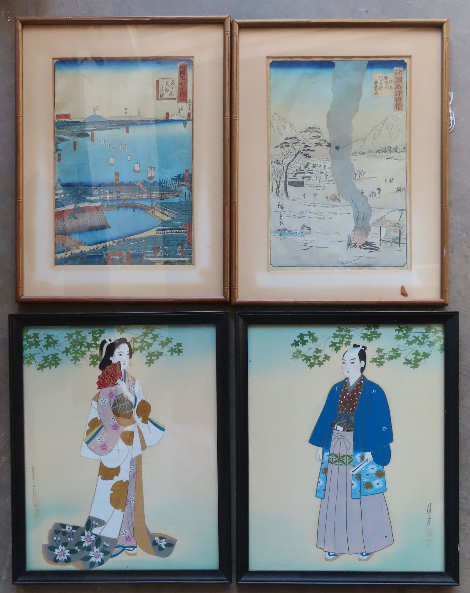 Grouping of 4 oriental artworks including: Two woodblock prints with unknown oriental signatures - (1 of 11)