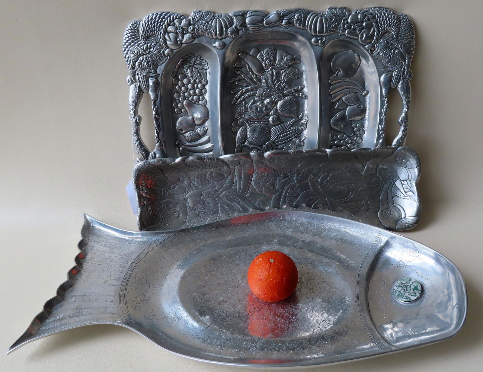 Three signed Arthur Court designed aluminum serving trays including: 1) Oblong tray decorated with (1 of 10)