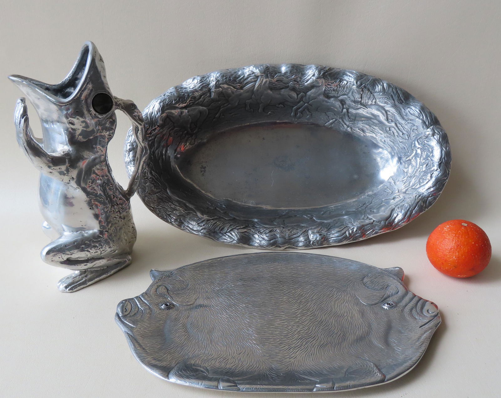 Three Arthur Court cast aluminum kitchenware articles including: An oval bowl decorated around (1 of 9)