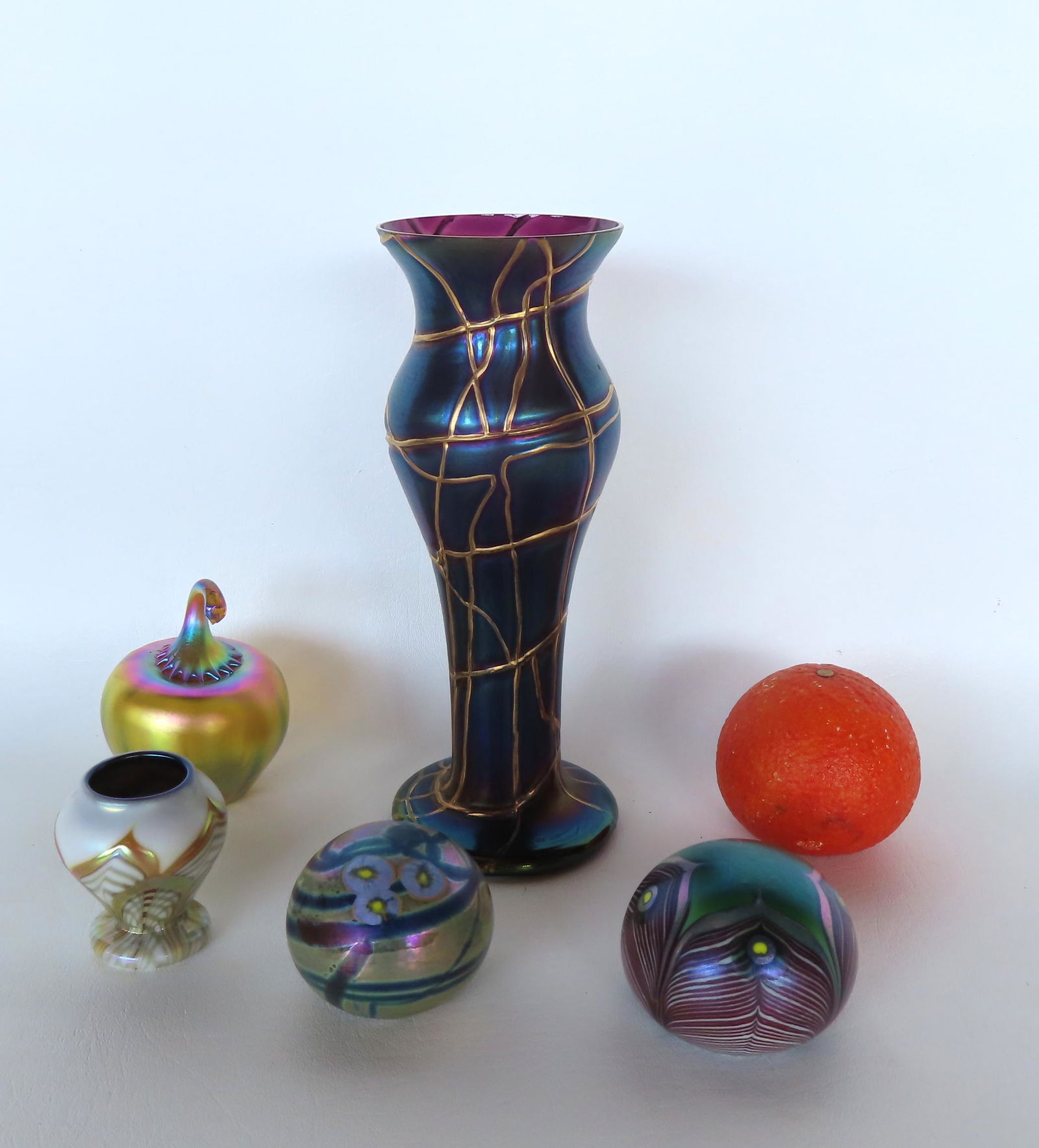 Grouping of 5 pieces of Art Glass including: An unsigned vase, measuring 9"H - probably early 20th (1 of 13)