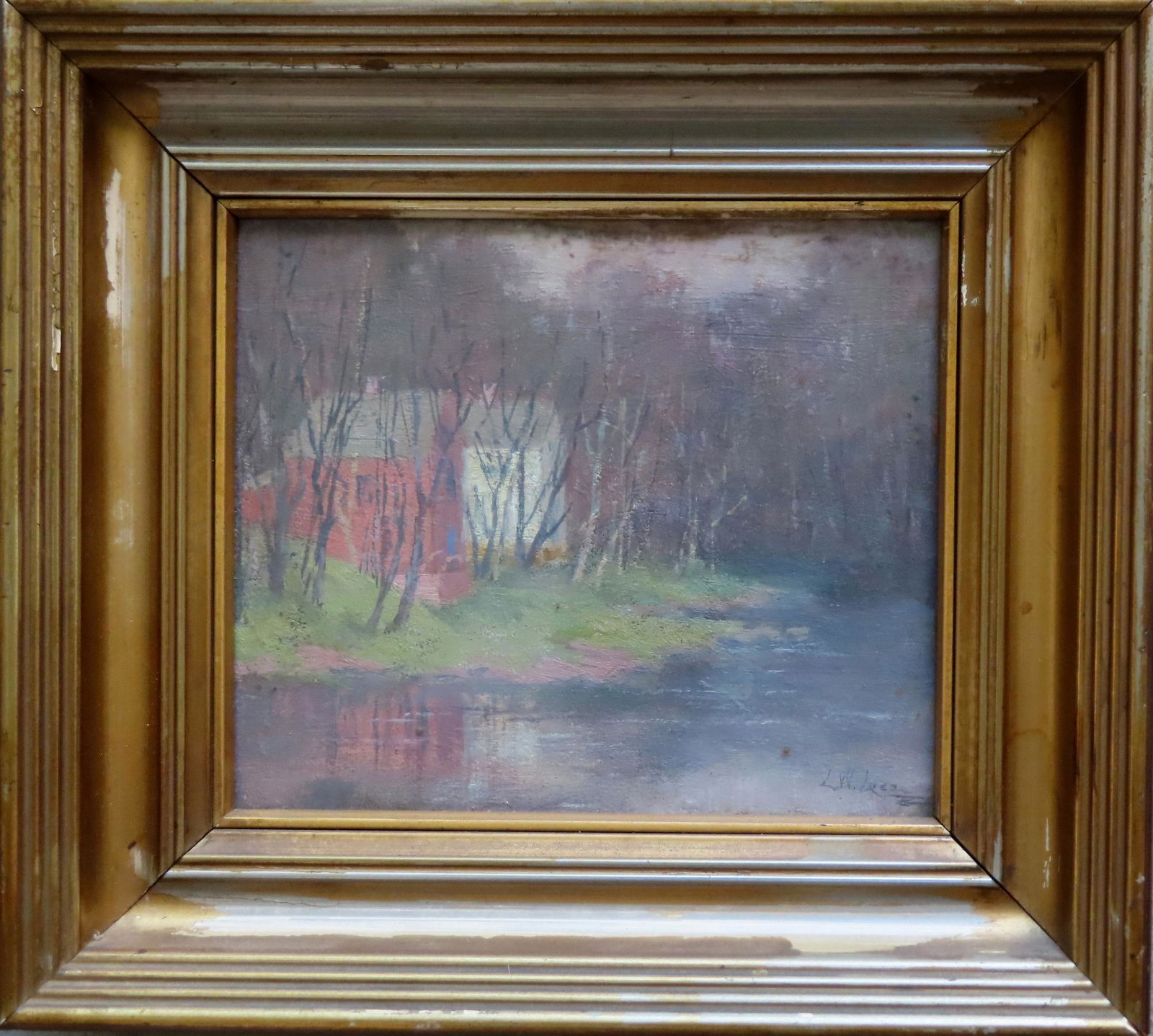 O/B Landscape with cottage by stream signed illegibly  lower right. Some staining upper boarder, (1 of 4)