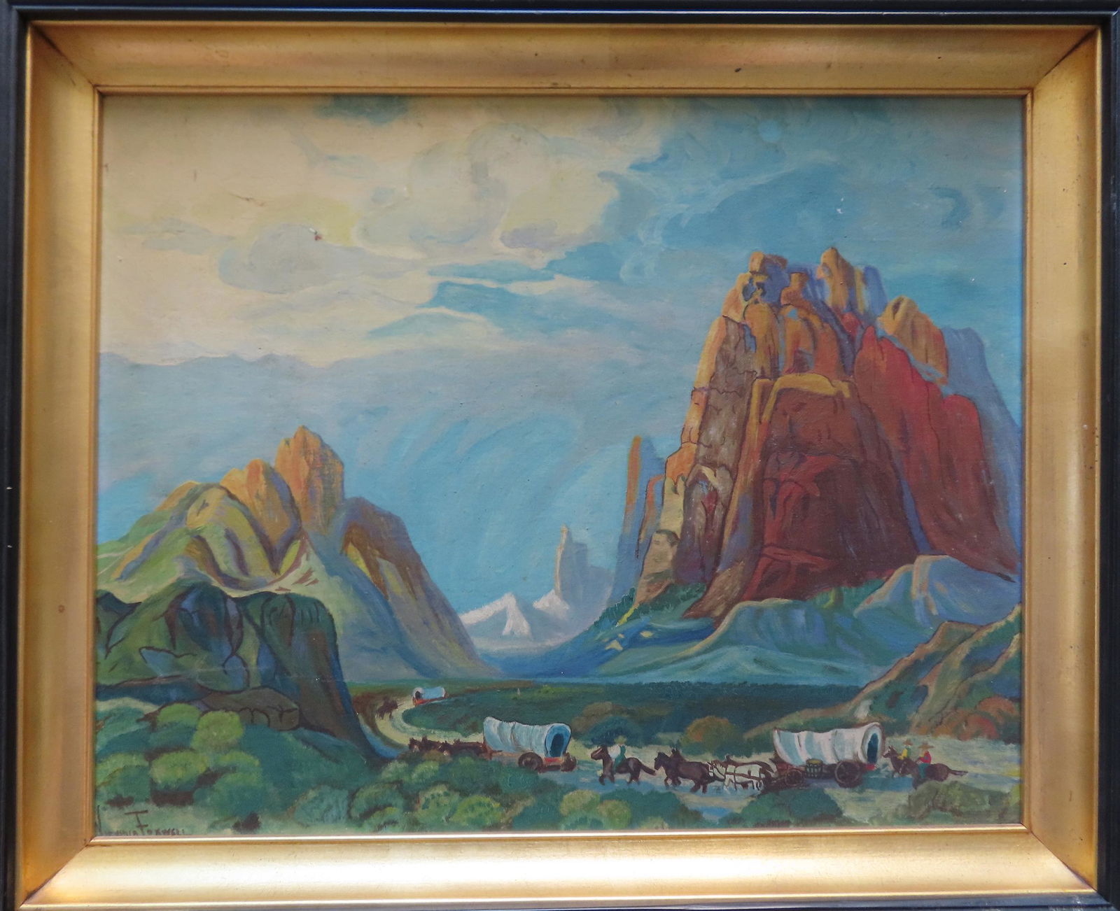 O/B American western landscape with wagon train with cowboys riding through base of mountains, (1 of 4)