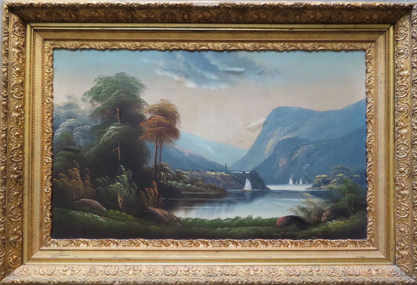 Large O/C Hudson River scene with sailboats in river and house on plateau overlooking river, (1 of 10)