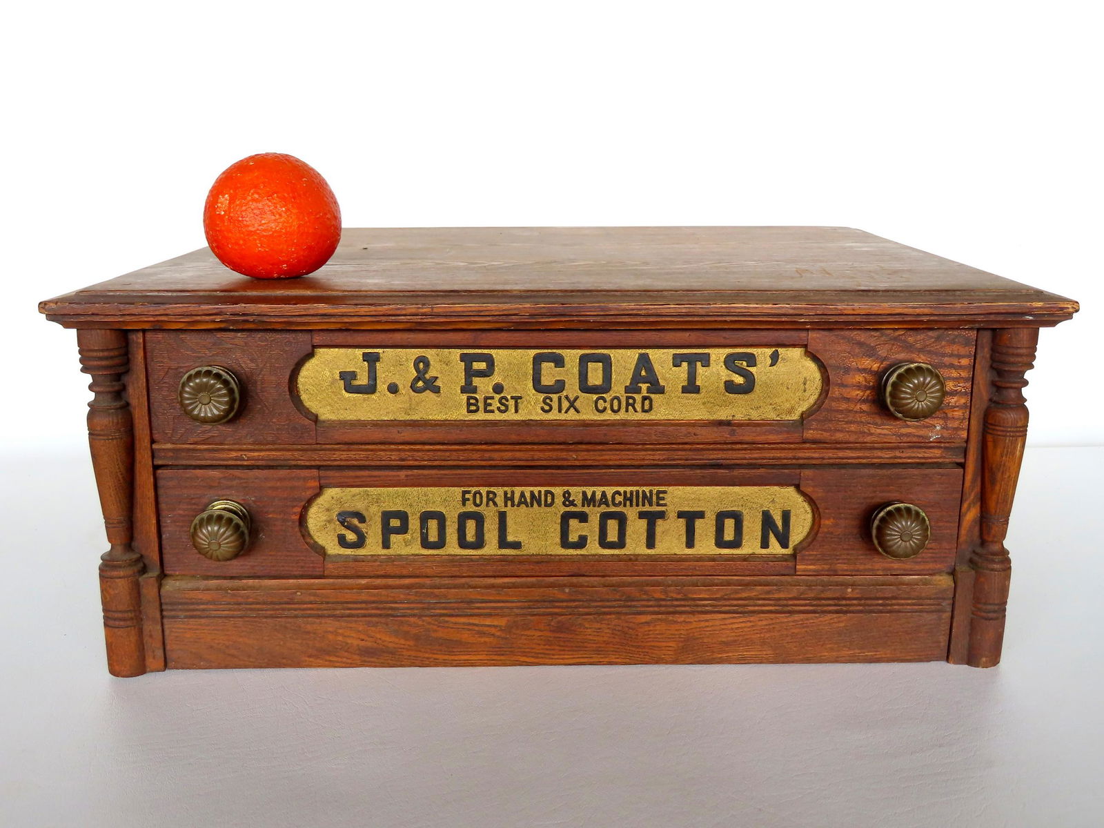J & P Coats 2 drawer chestnut spool cabinet, late 19th century. At one time, wheels were added to (1 of 5)