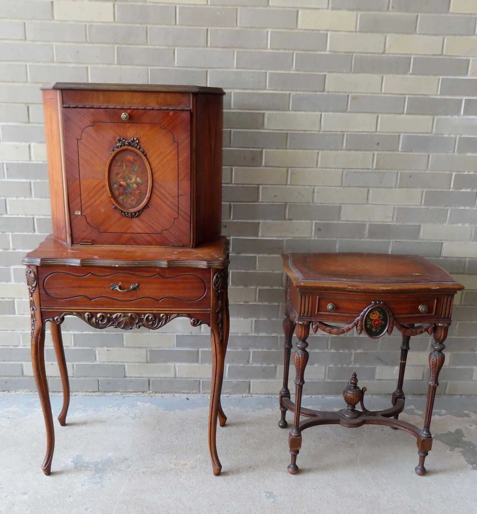 An ornate French style drop front desk with hand painted floral decorations and matching night (1 of 13)