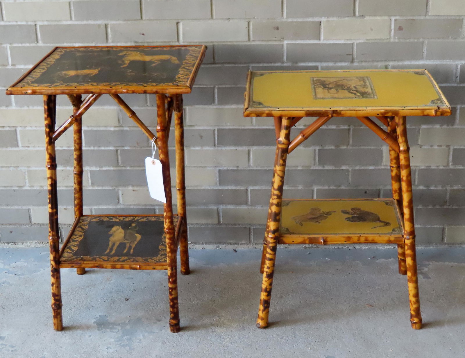 Two bamboo plant stands or work tables decorated with decoupage, late 19th century. Minor bamboo (1 of 11)