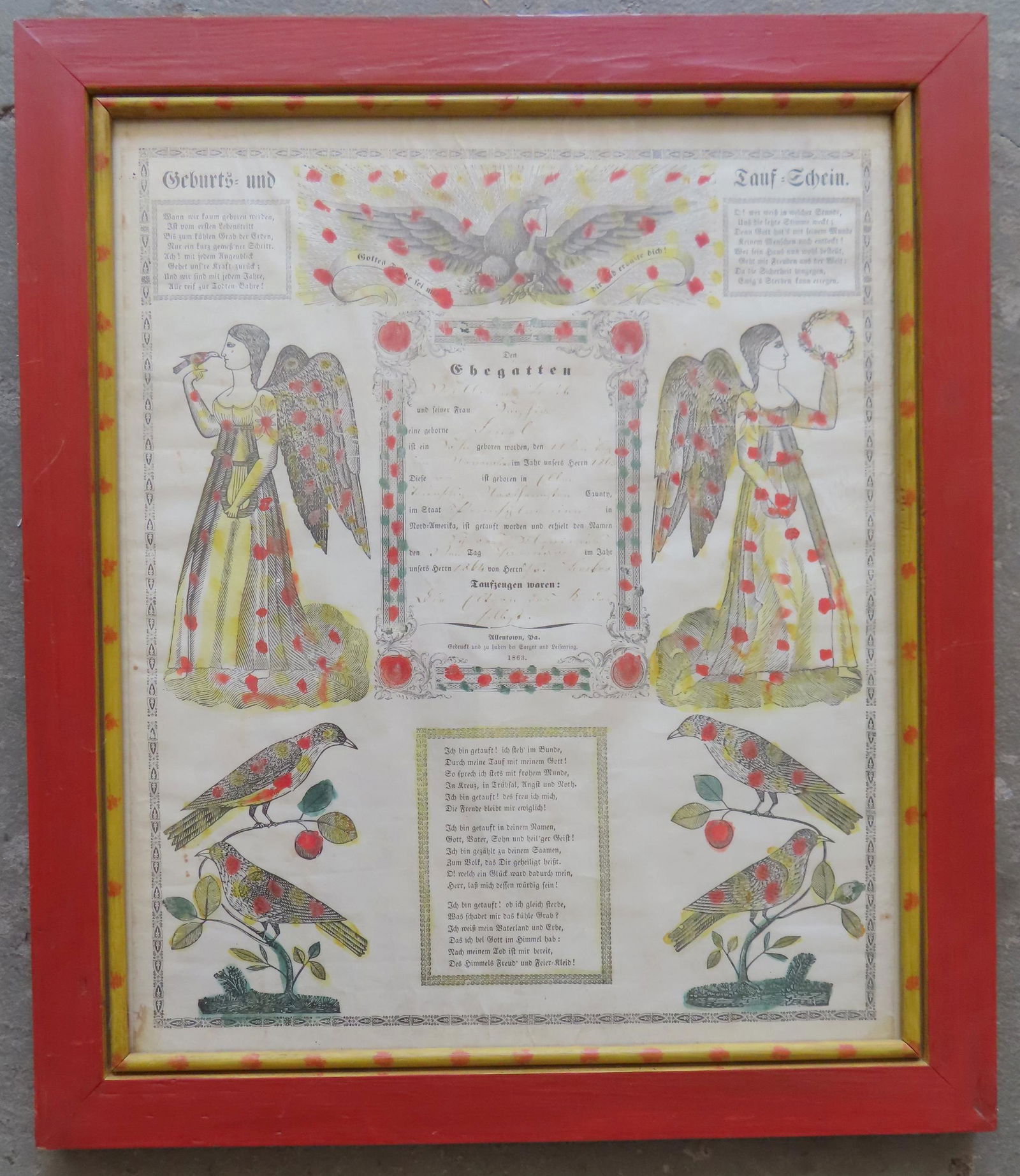 An Allentown Pa. fraktur, hand colored, and dated 1863. Mounted in a contemporary folkart hand (1 of 3)