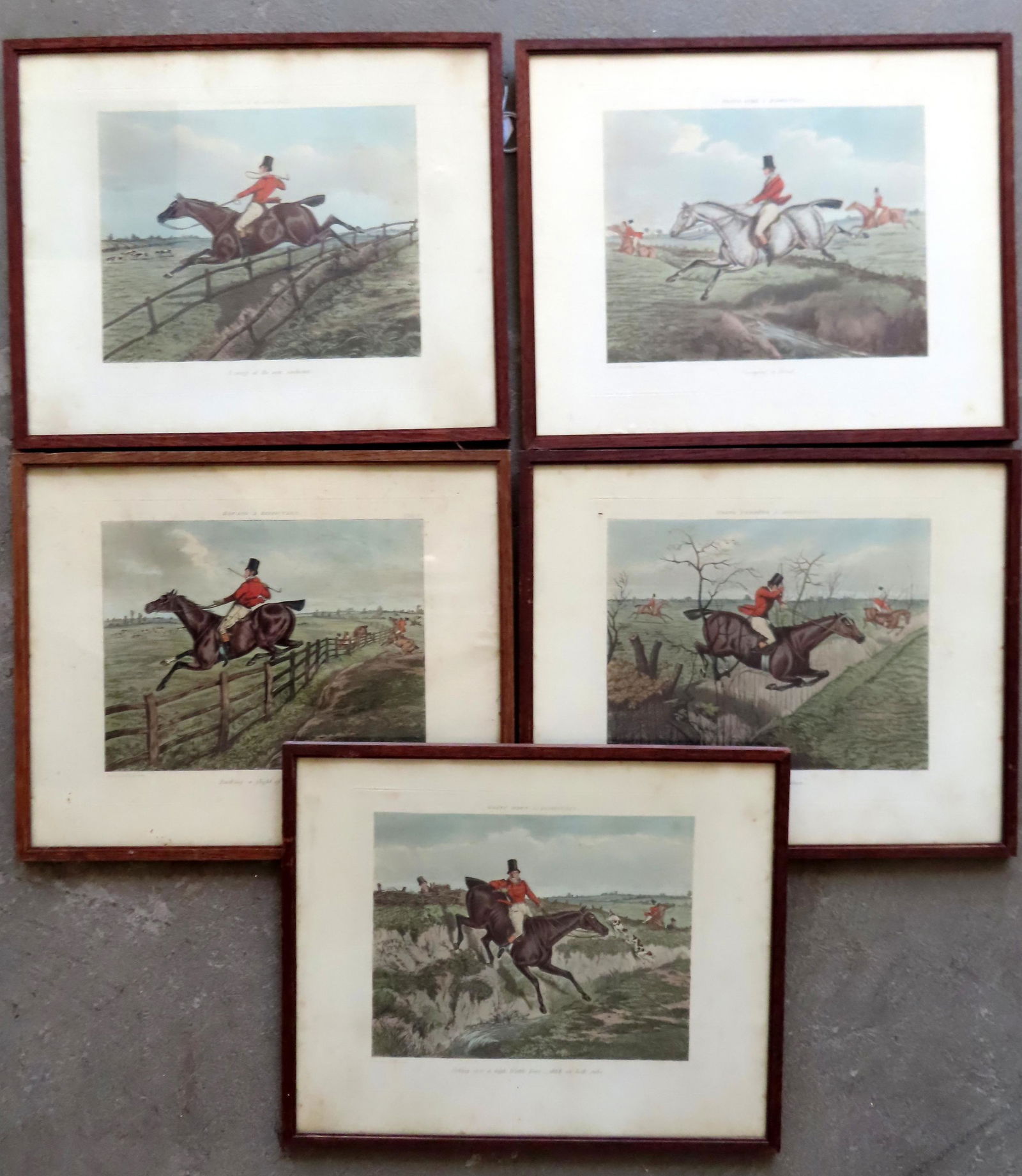 Grouping of 5 hand colored Alken horse hunt prints, all in matching frames, late 19th to early 20th (1 of 11)