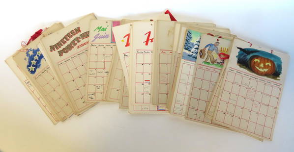 A grouping of Kenneth Fagg calendar art, 1940's-1950's - some calendars are complete with his: A grouping of Kenneth Fagg calendar art, 1940's-1950's - some calendars are complete with his watercolor illustrations on top of each month. Kenneth Stanley Fagg (1901 - 1980) was active/lived in New