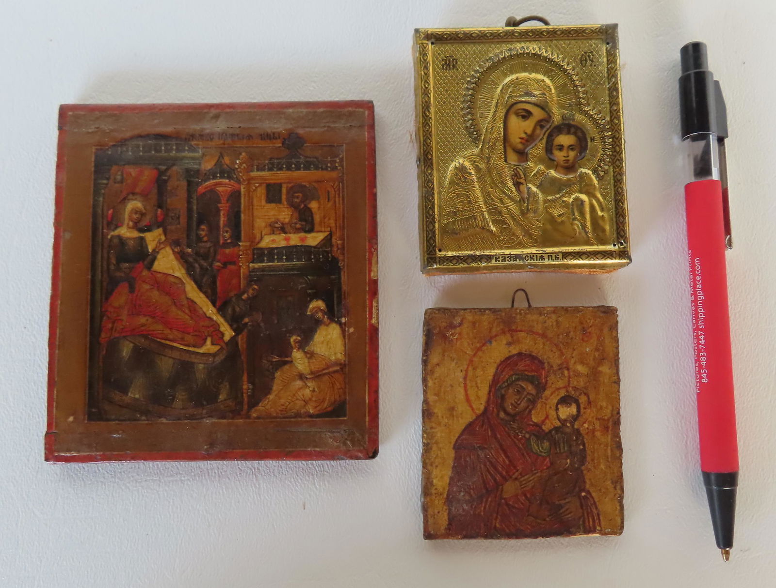 Three miniature Russian icons. 1) Painting on wood panel depicting the Mother of God with infant (1 of 10)