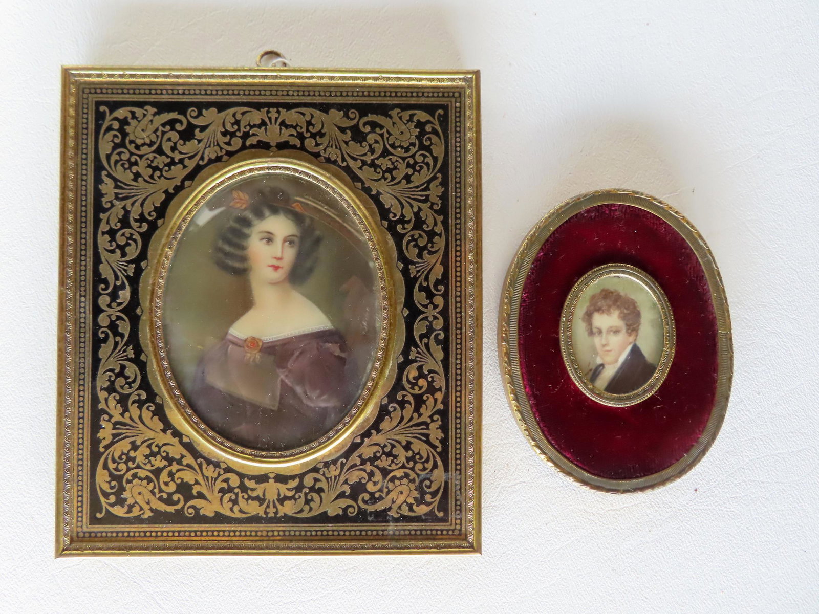 Two W/C miniature portraits, probably French: The first of a gentleman in an oval brass frame, (1 of 7)