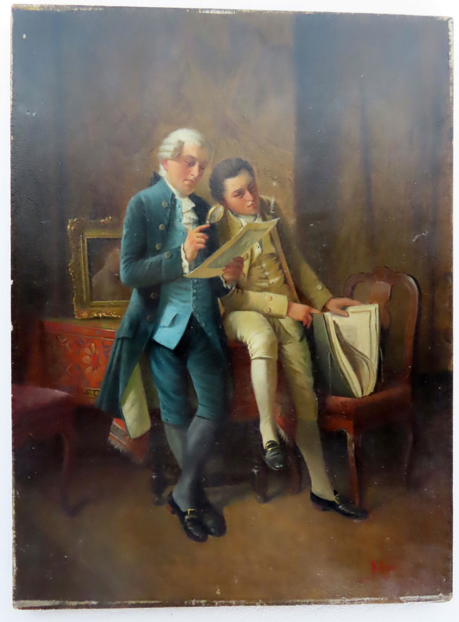 August Hermann Knoop, German 1856 - 1919. Oil on mahogany board of 2 colonial gentleman, one (1 of 3)