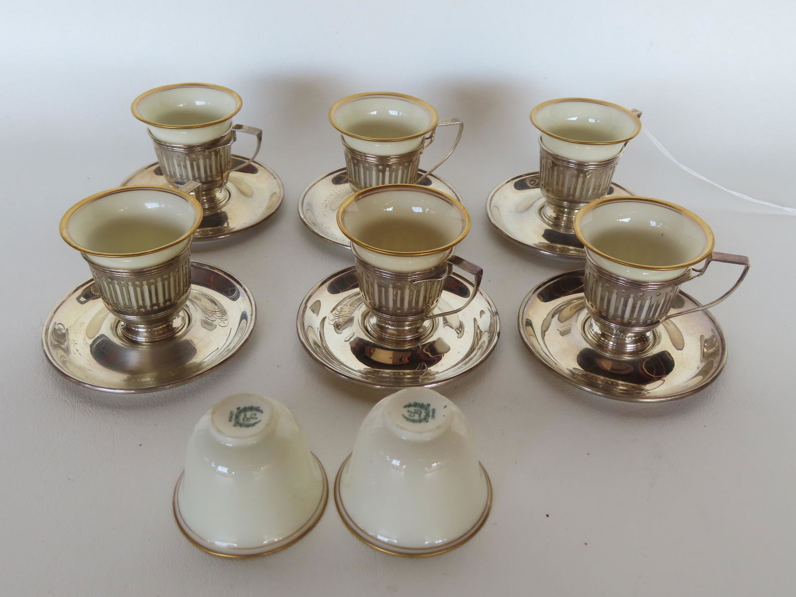 Grouping of 6 Gorham sterling silver demitasse cup holders with under plates and 8 matching Lenox (1 of 5)