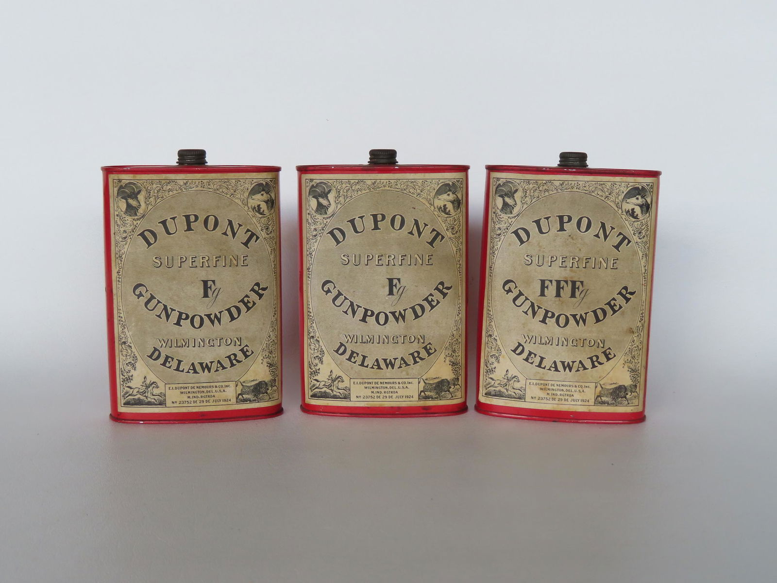 Three gunpowder tins marked "Dupont Superfine Fg Gunpowder / Wilmington Delaware" - 1924. Each tin (1 of 5)