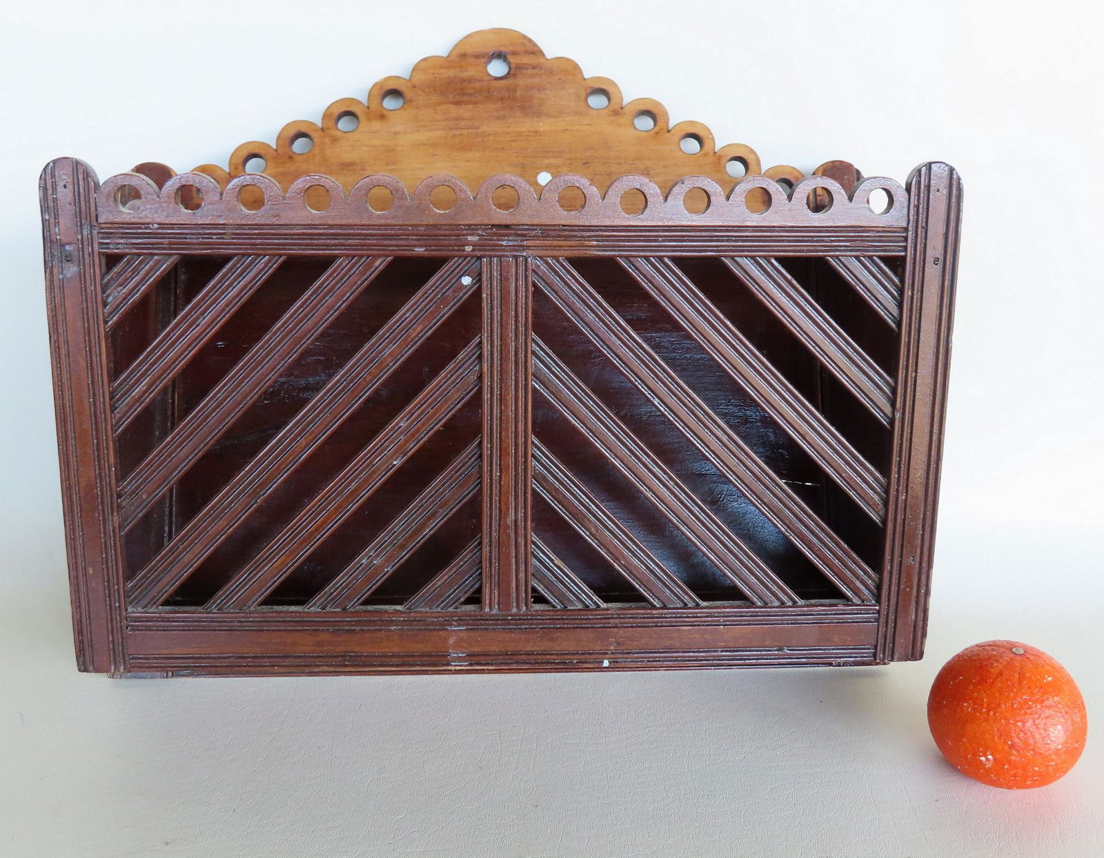A hand made wooden country wall hanging magazine rack in original darkened varnish surface, late (1 of 4)